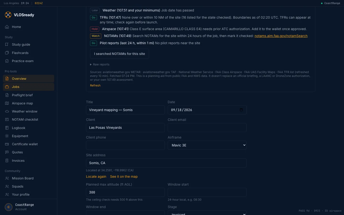 A job with its quote, flight and invoice